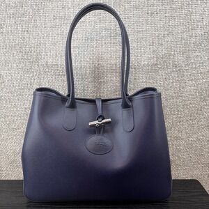 LongChamp Tote Bag Medium Navy Blue Roseau Leather Toggle  Shoulder Handbag